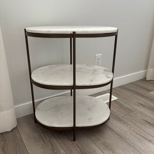 Felix Oval Nightstand with Antique Brass Frame and Polished White Marble - G340