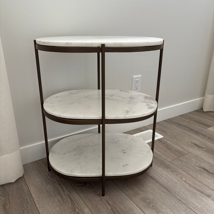 Felix Oval Nightstand with Antique Brass Frame and Polished White Marble - G340