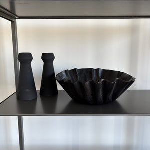 12.5” Wide Black Folded Porcelain Bowl and 2 Black Metal Candle Holders - G309