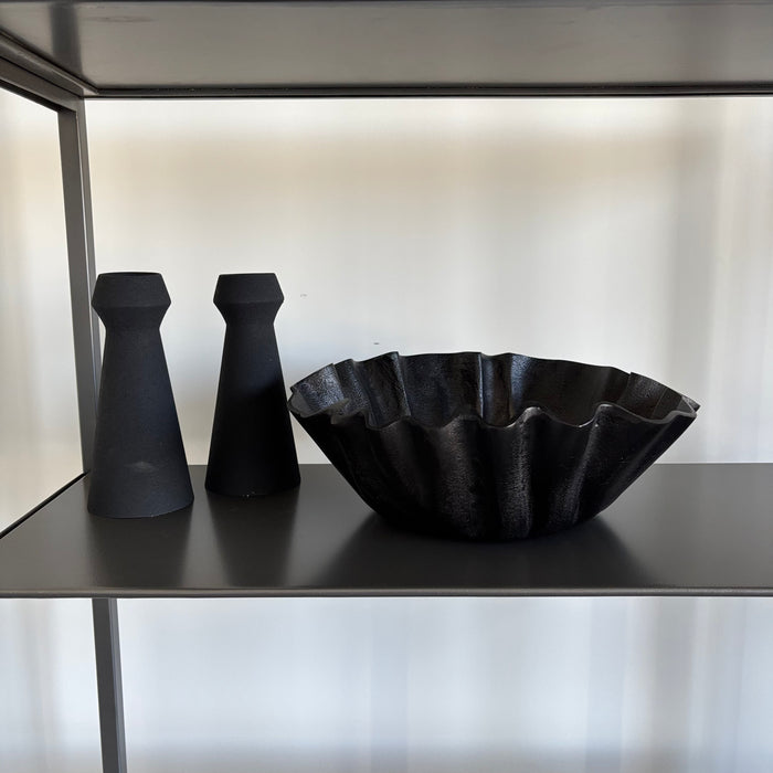 12.5” Wide Black Folded Porcelain Bowl and 2 Black Metal Candle Holders - G309