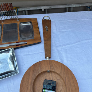 26” Long MCM Wood Framed Wall Clock and Trays Grouping - R398
