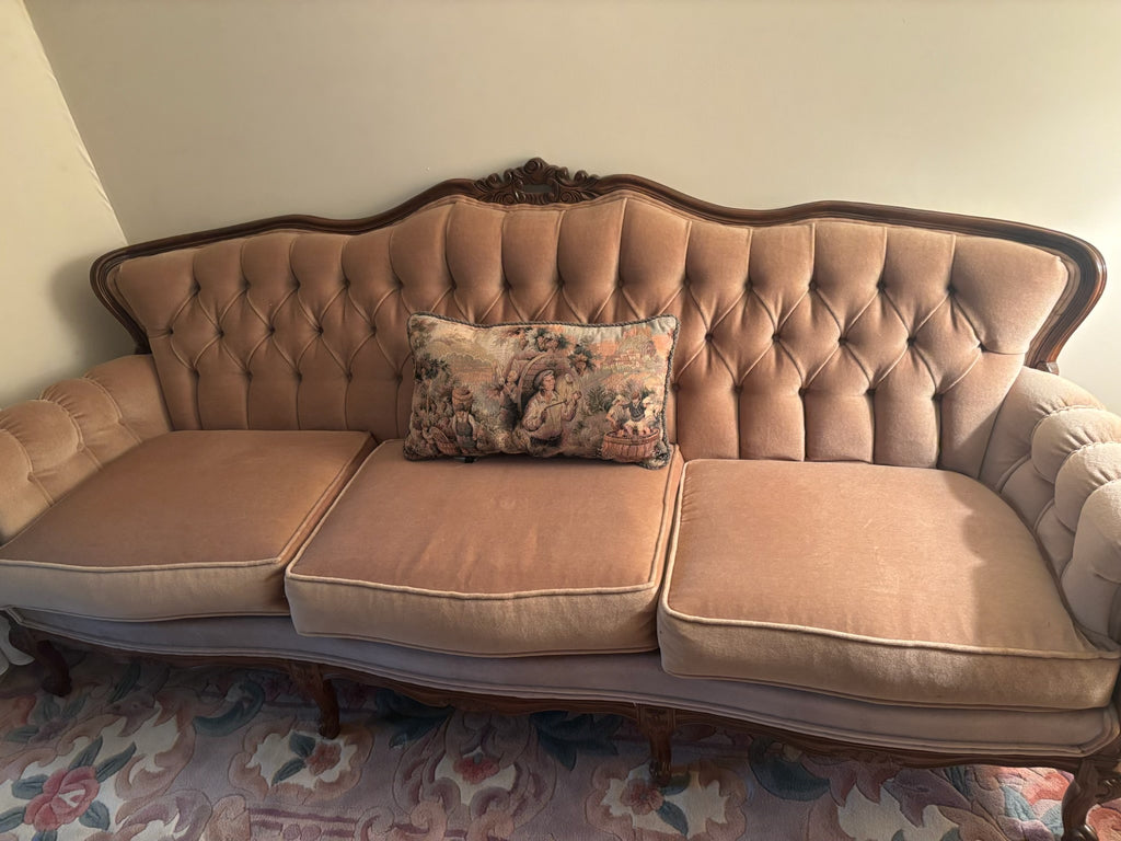 F201C Vintage sofa with solid wood frame and pink velvety fabric