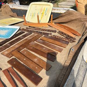 As is MCM Starburst Clock, Clock Pieces, Wooden Shelves and Metal Trays - R399