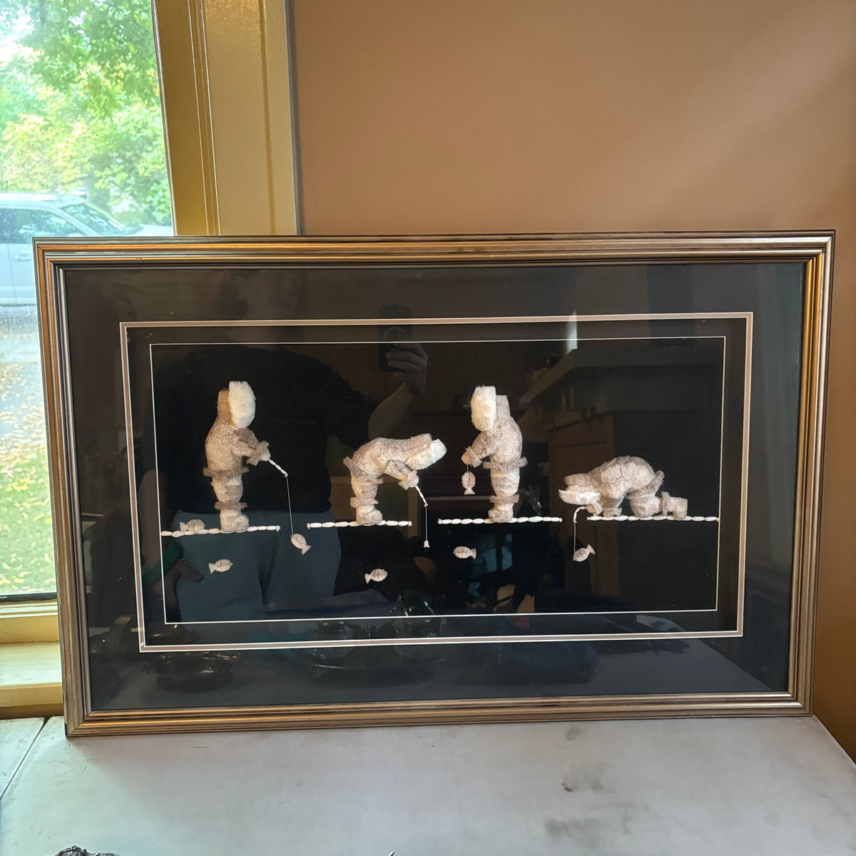 E107A 35” x 25” Vintage Tufted caribou hair artwork