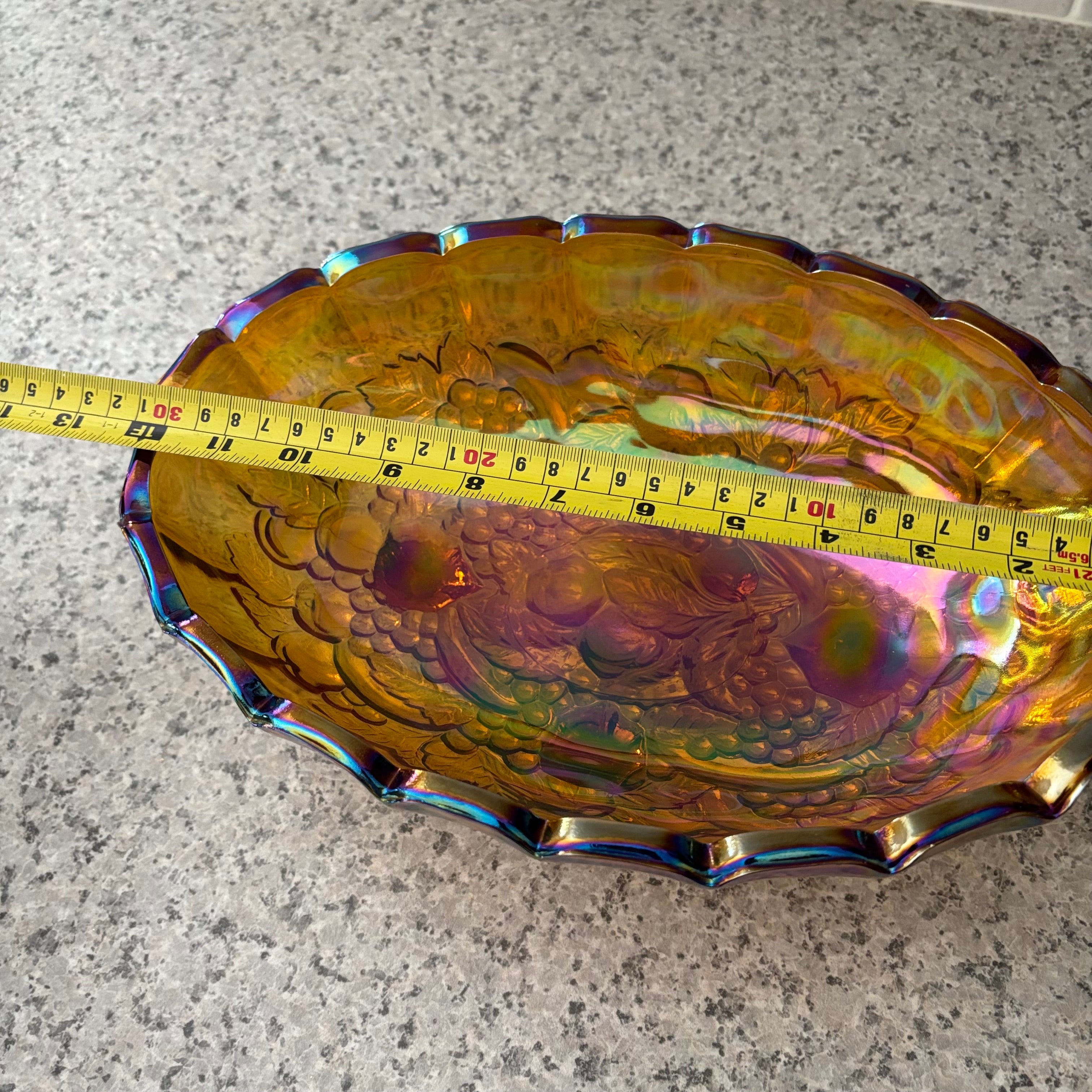 E899 Vintage Indiana Glass Large Amber Carnival Glass Footed Oval Harvest Bowl