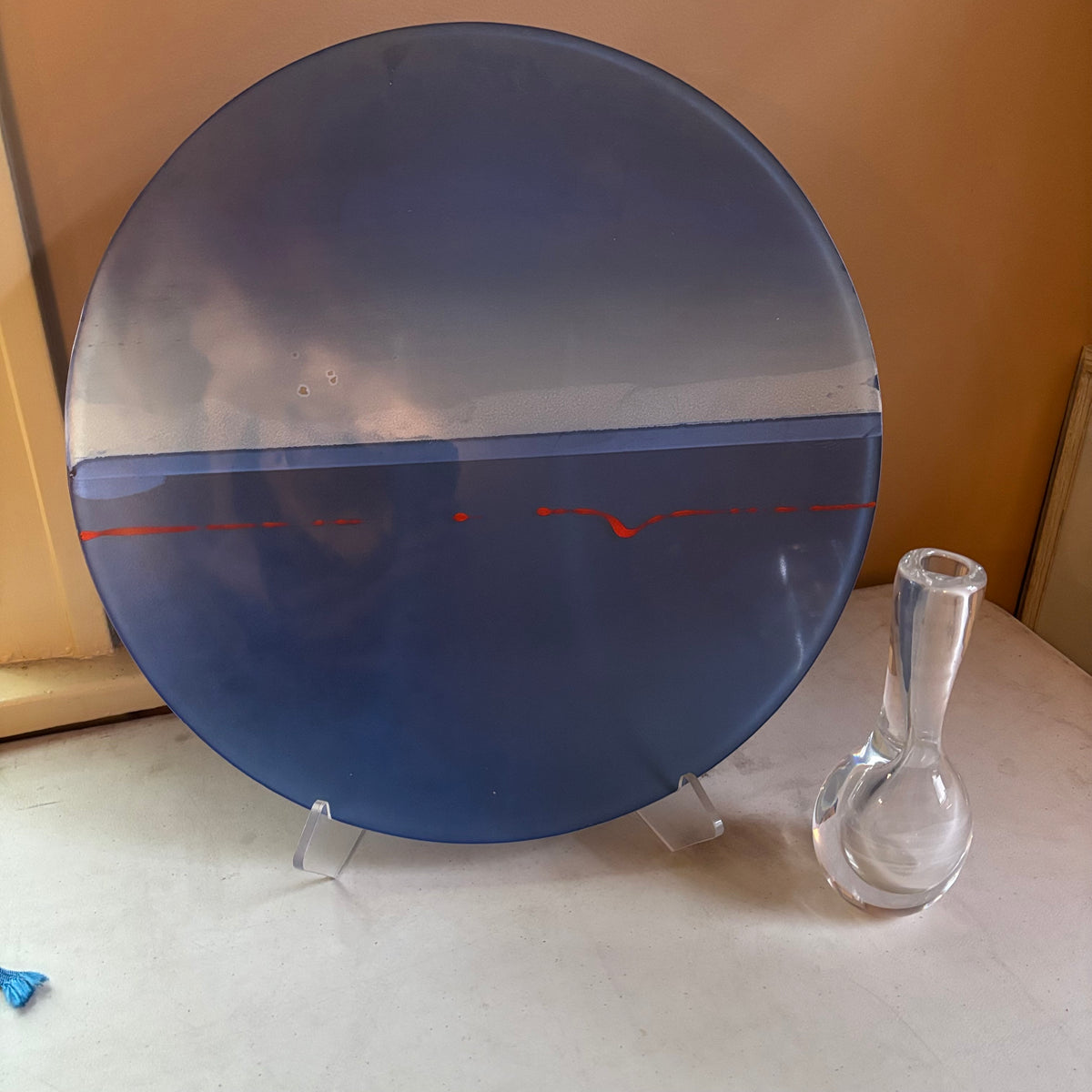 E109 Vintage Kosta Boda "Raindrop" or "Teardrop" clear crystal art glass vase and 18” Art glass plate