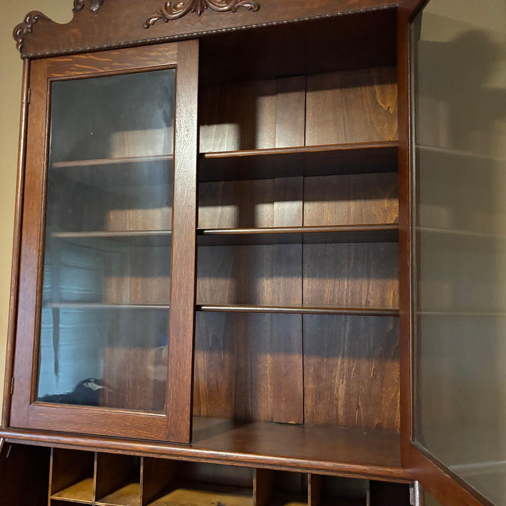 E124 Vintage solid wood secretary desk with upper cabinet (89" x 38" x 17.5")