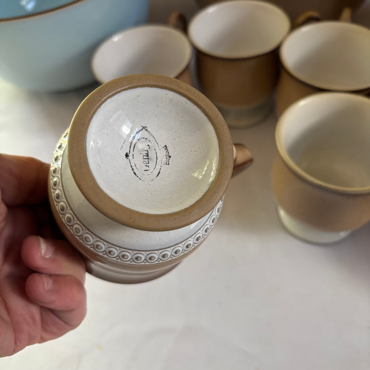 E147 Vintage Denby stoneware dishes grouping (1 saucer is chipped)