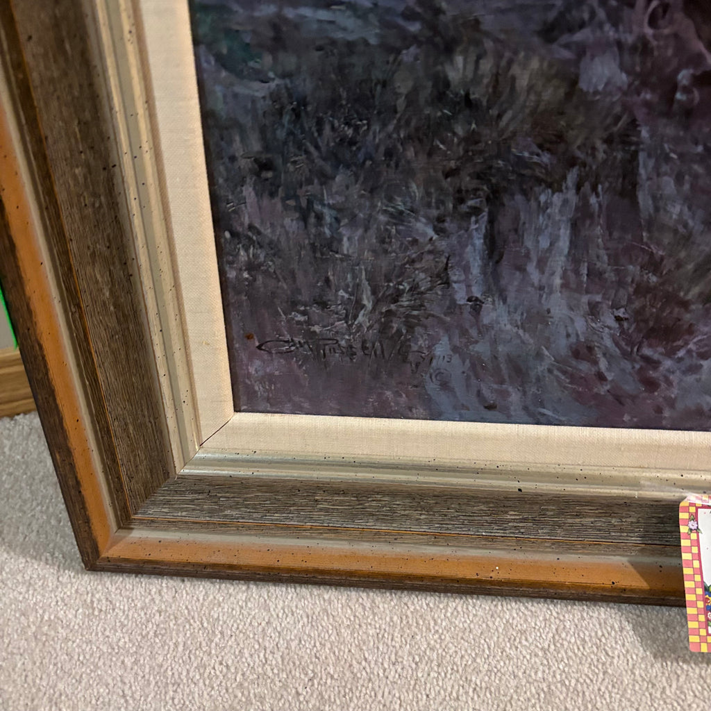 Y303 Vintage original oil on canvas with ornate frame (H. Reimer copy of CM Russel’s “Wild Horse Hunters”)