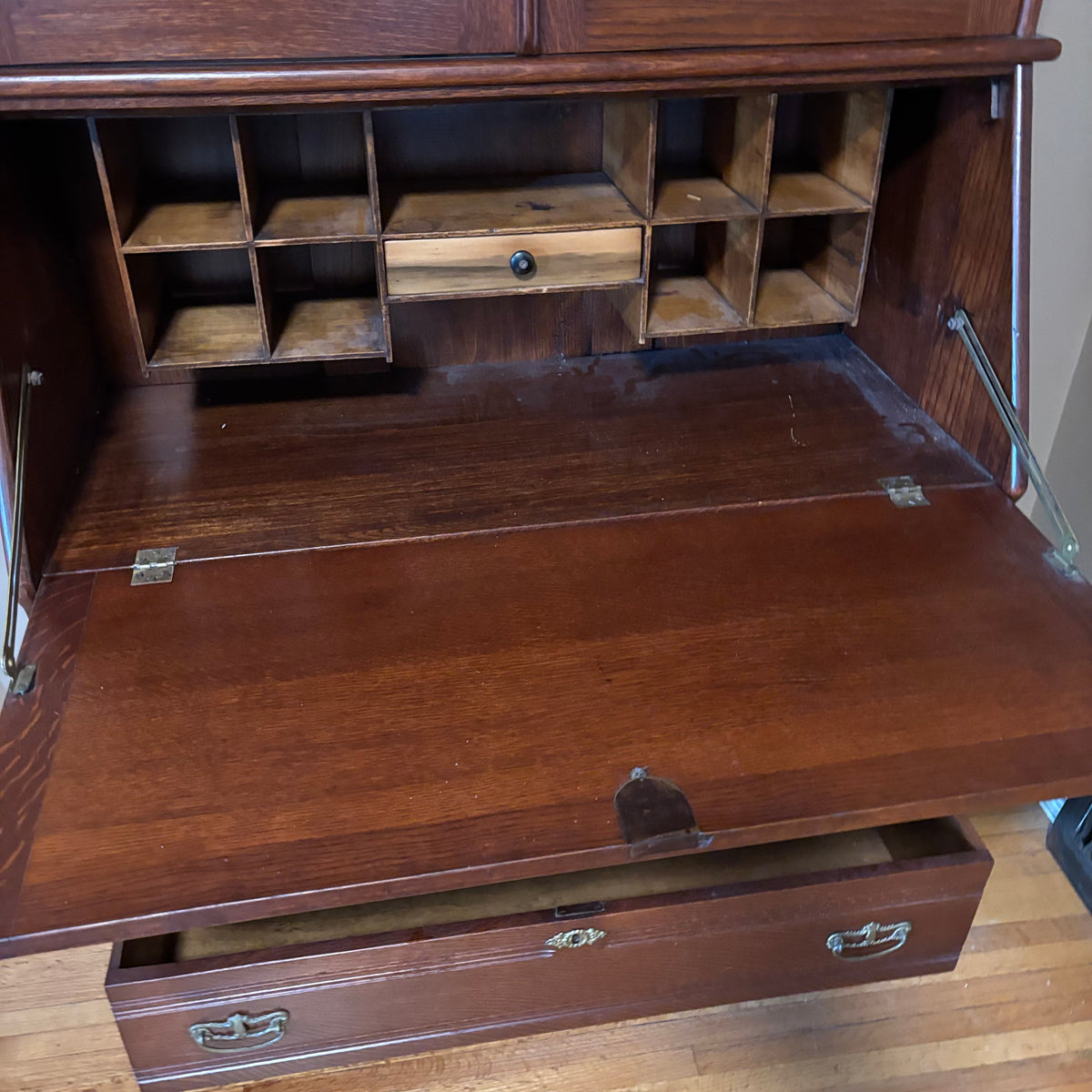E124 Vintage solid wood secretary desk with upper cabinet (89" x 38" x 17.5")
