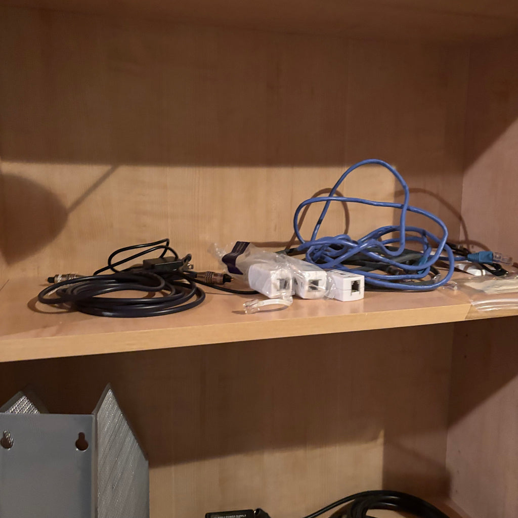 X228 2 Simple storage shelves with contents