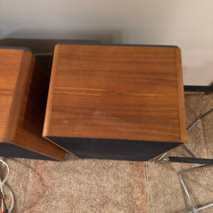 Set of 2 Mid Century Braun Wood Framed Stereo Speakers with Stands and Cabes - M358