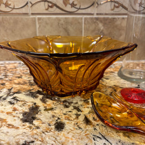 Mid Century Amber Glass Salad Set with Glass Fork&Spoon and More - M338