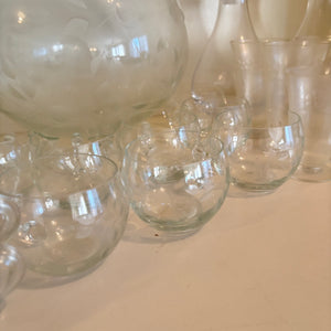 VINTAGE GLASSWARE GROUPING (ETCHED PUMCH BOWL AND MORE) - P285