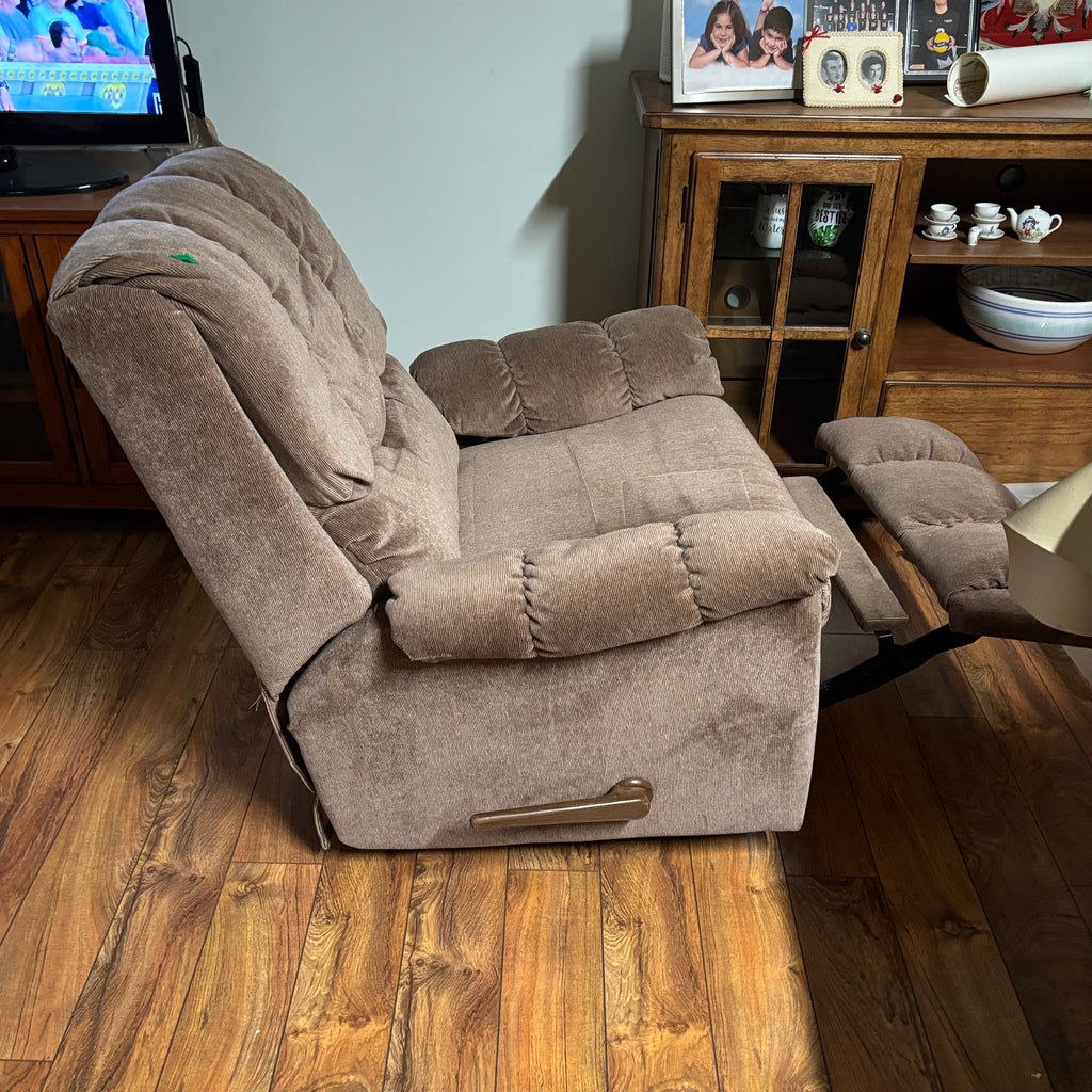 F188 Rocker recliner in beige corduroy fabric (in excellent condition except for a small tear in the corner)