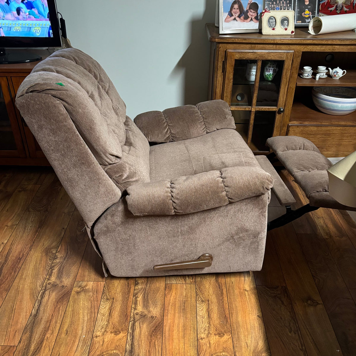 F188 Rocker recliner in beige corduroy fabric (in excellent condition except for a small tear in the corner)