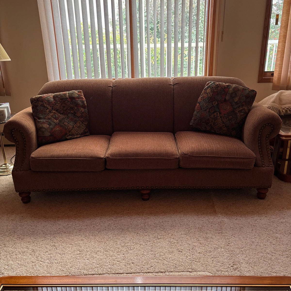 F414 Vintage Sears brown fabric sofa (87" x 38" x 36")