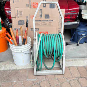 Hose Reel with Hose and White Bucket of Garden Tools - O115