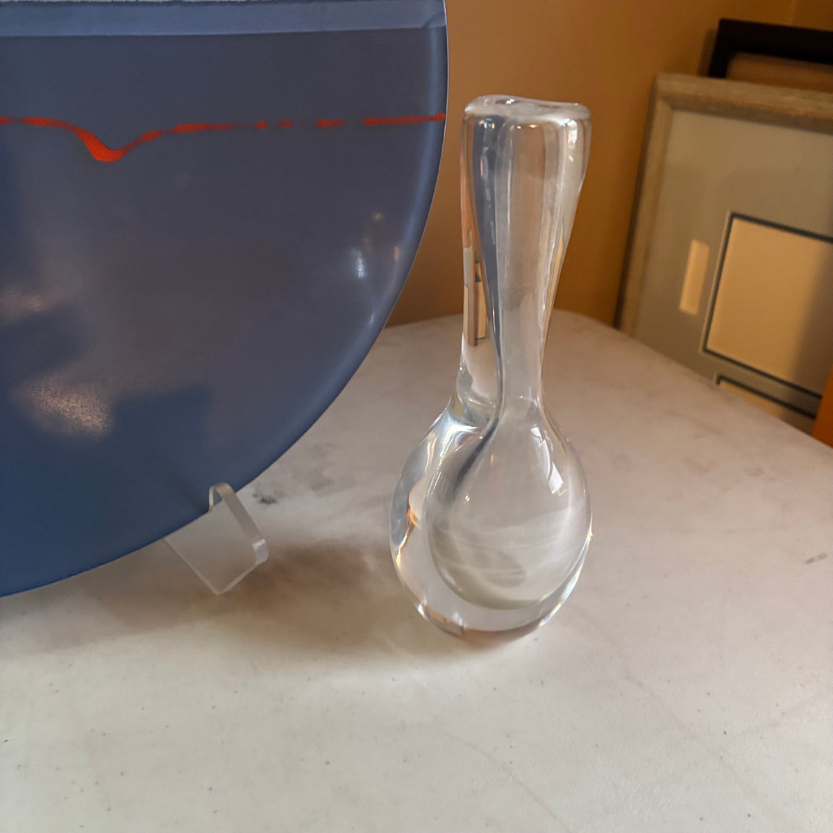 E109 Vintage Kosta Boda "Raindrop" or "Teardrop" clear crystal art glass vase and 18” Art glass plate