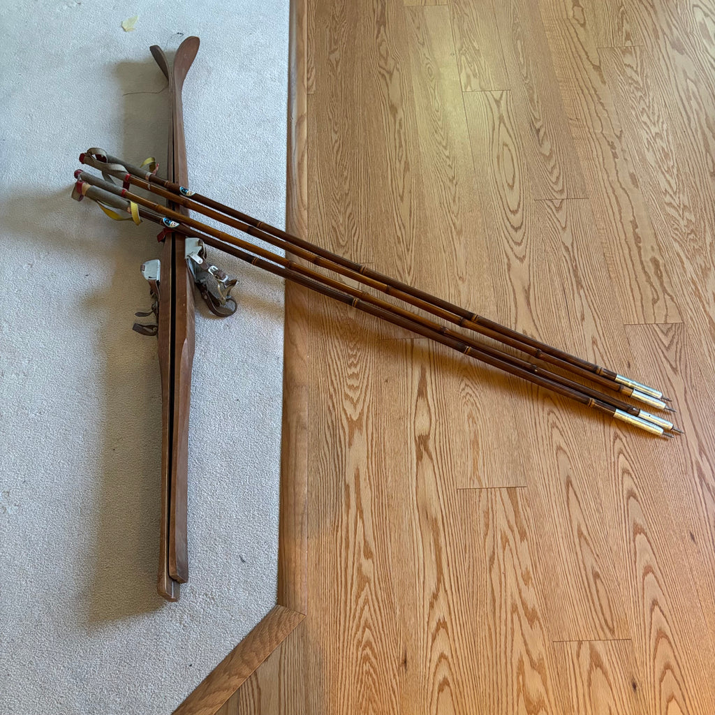 Y162 5 Ft Long antique wooden skis with poles
