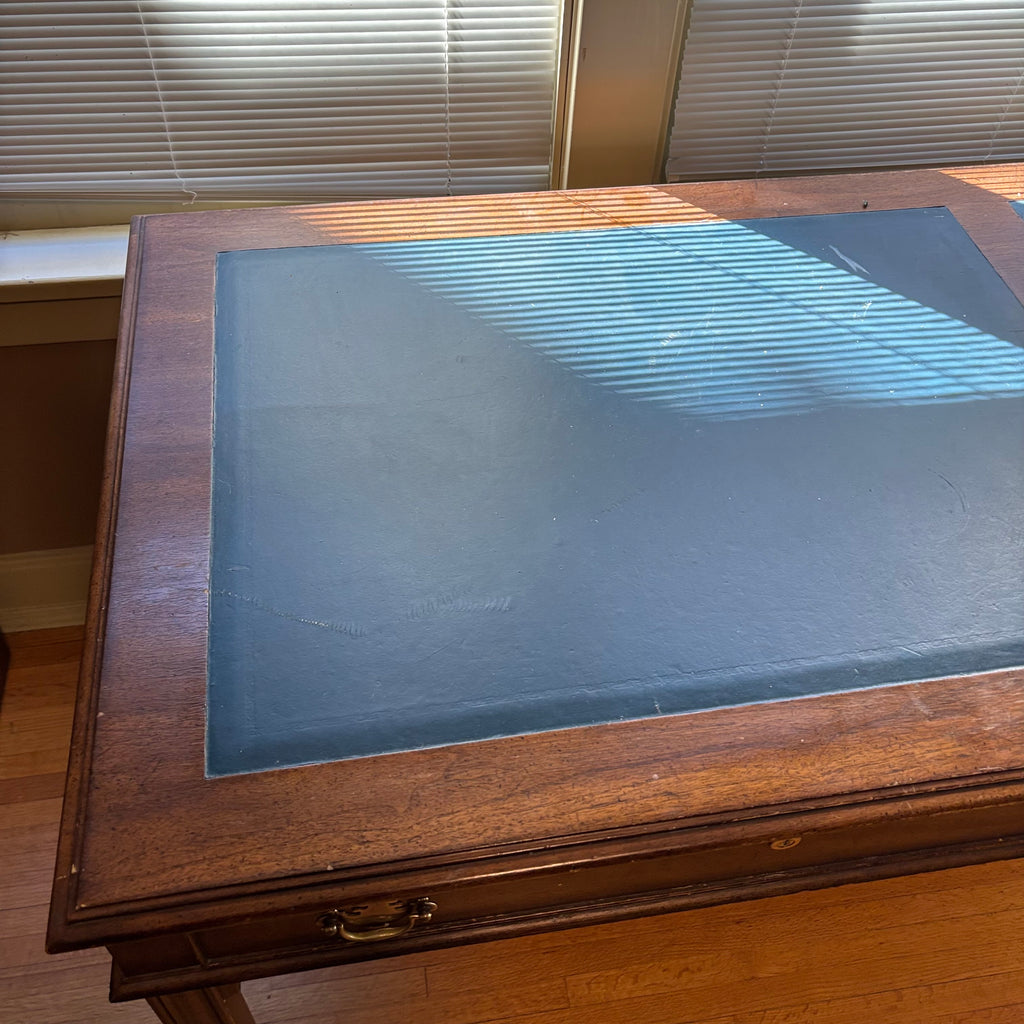 E160 Antique solid wood barrister desk with inlayed blue leather and 2 drawers (31” x 71” x 20”)