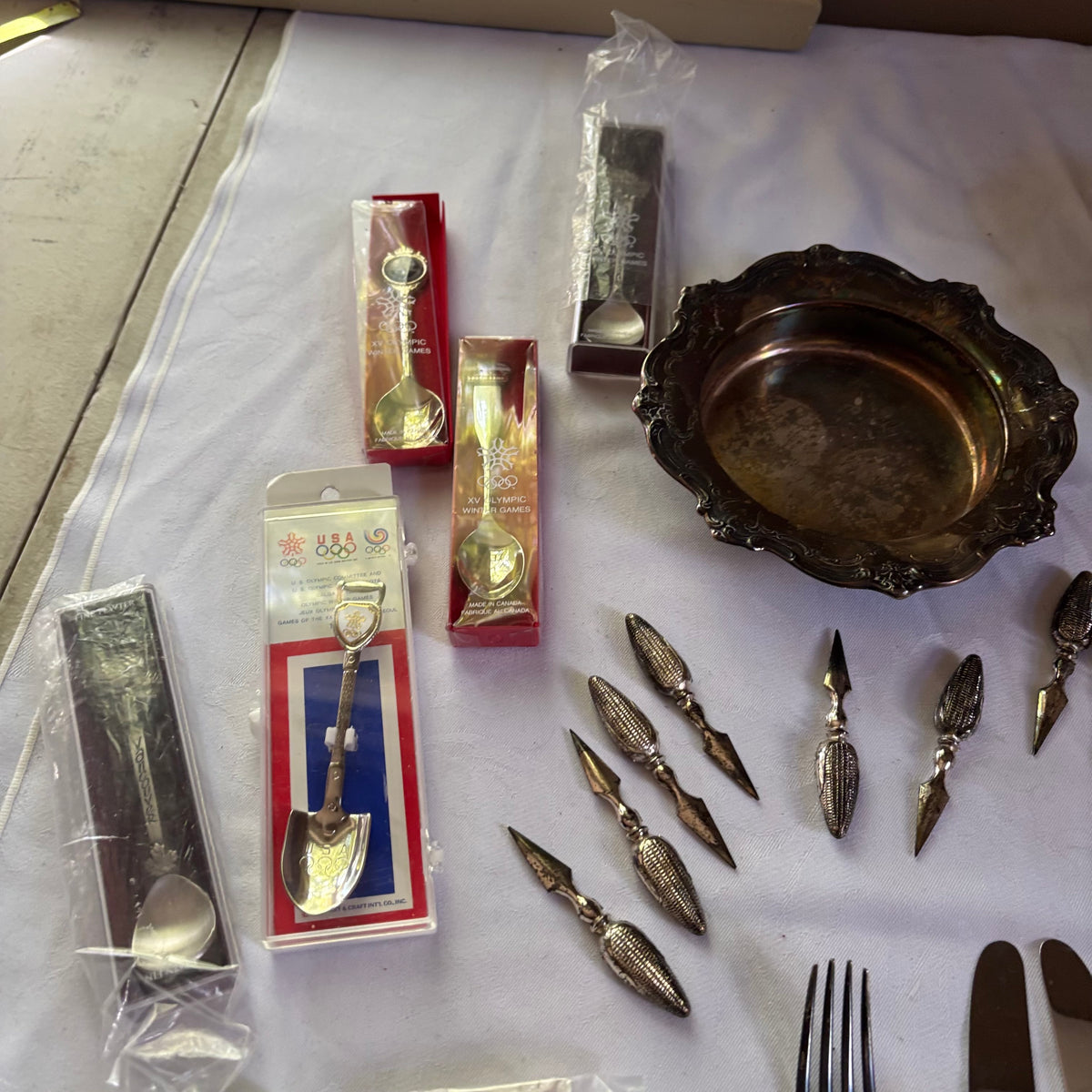 E155 Vintage silver collector spoons and more grouping