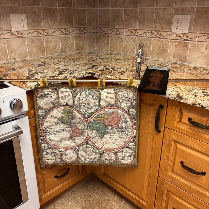 Quilted World Map Hanging, Small Tin Armour and 11.5” x 5”Copper Artwork - M349