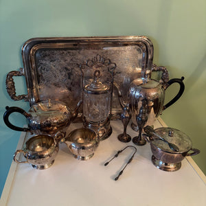 W813 Vintage silver plated grouping (tea set and more)