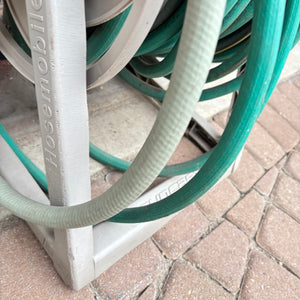 Hose Reel with Hose and White Bucket of Garden Tools - O115
