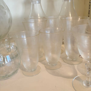 VINTAGE GLASSWARE GROUPING (ETCHED PUMCH BOWL AND MORE) - P285