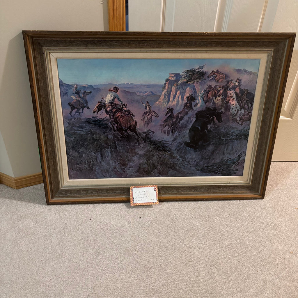 Y303 Vintage original oil on canvas with ornate frame (H. Reimer copy of CM Russel’s “Wild Horse Hunters”)