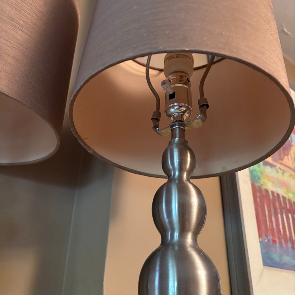 E104 Set of 2 20” tall table lamps with chrome bases and linen like shades