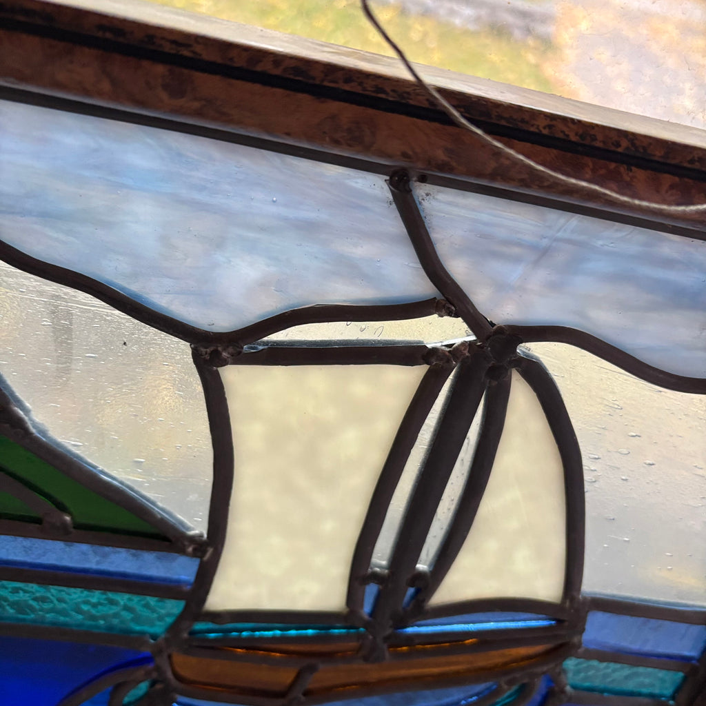 E112 Vintage stained glass window  (19” x 12.5”)