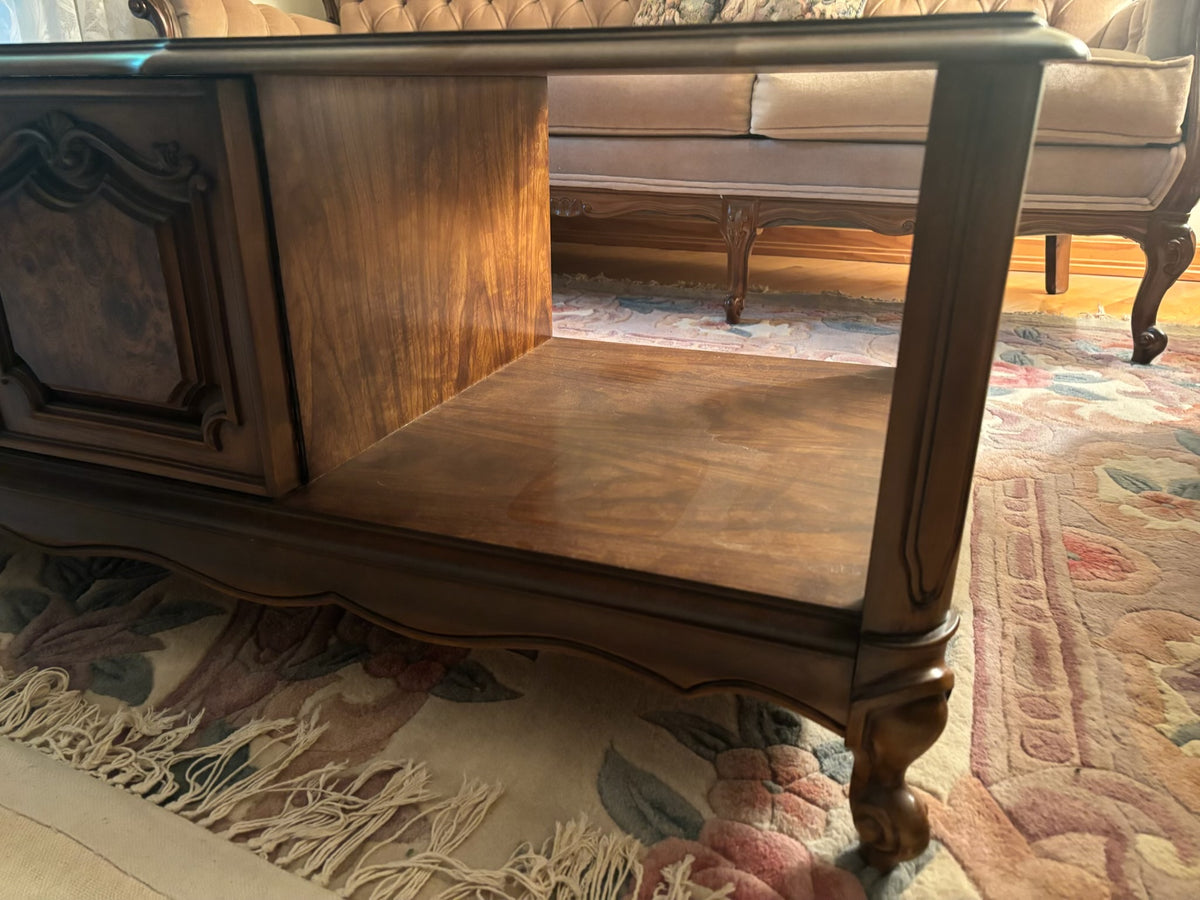 F202C Vintage solid wood coffee table with Burled wood design on top