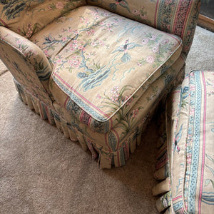 VINTAGE PARLOR CHAIR AND OTTOMAN WITH DOWN FILLED CUSHIONS - P235