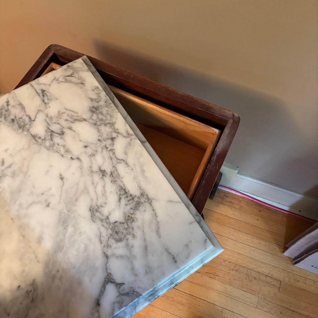 E102 Antique Solid wood accent table with marble top (28” x 17” x 14”)