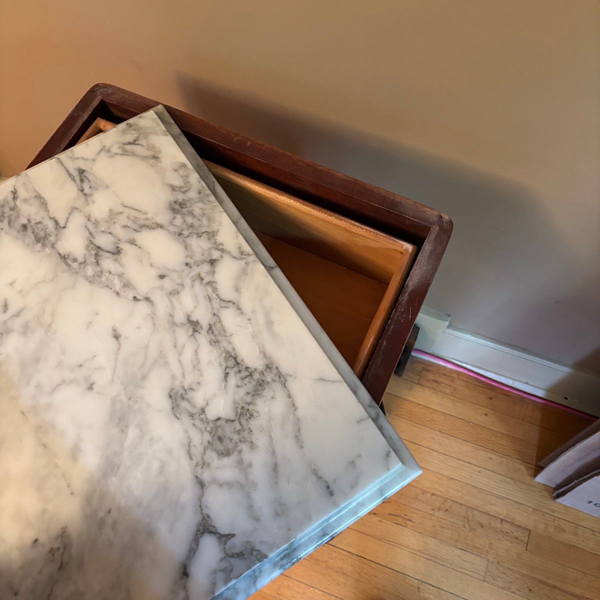E102 Antique Solid wood accent table with marble top (28” x 17” x 14”)