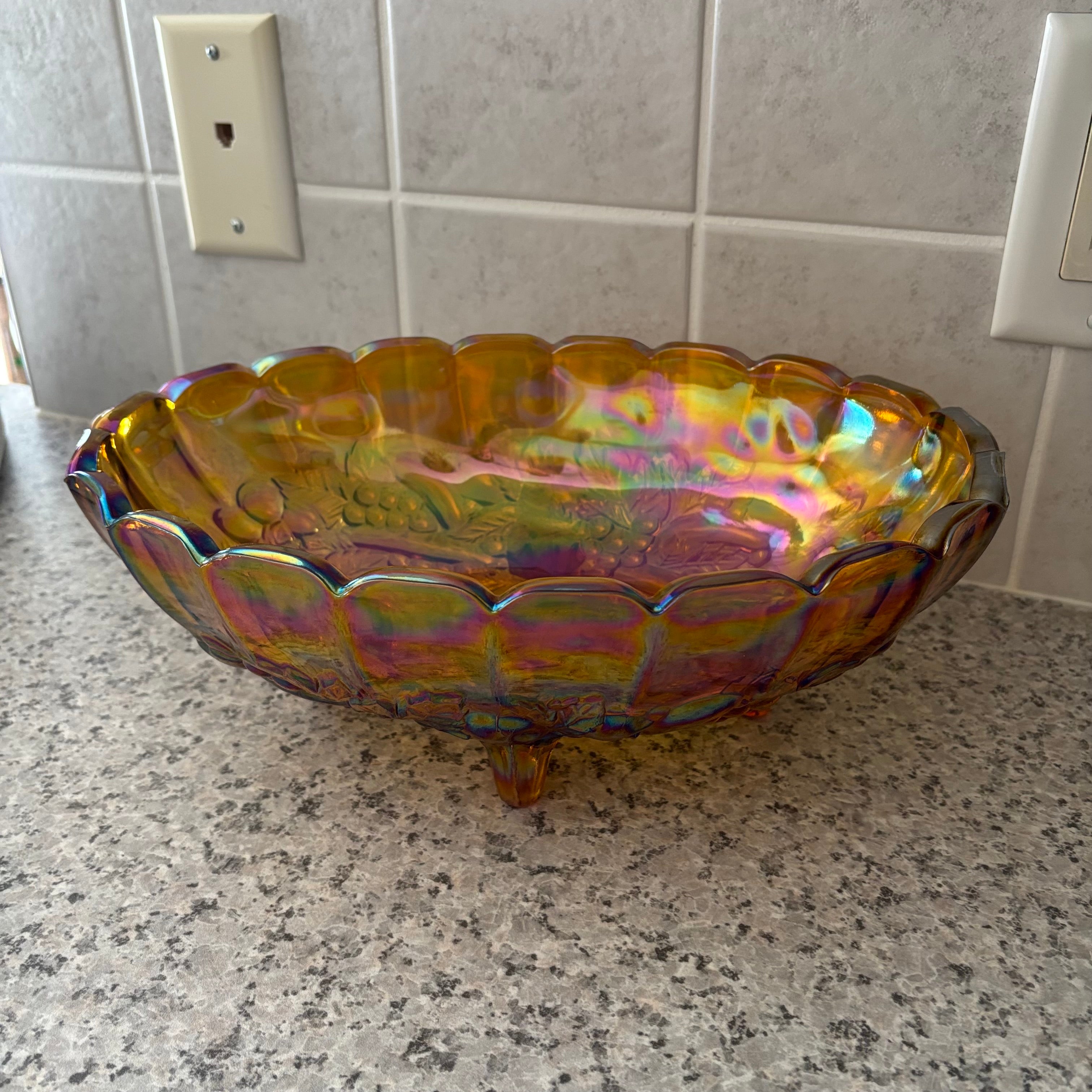 E899 Vintage Indiana Glass Large Amber Carnival Glass Footed Oval Harvest Bowl