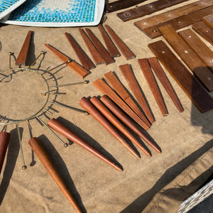 As is MCM Starburst Clock, Clock Pieces, Wooden Shelves and Metal Trays - R399
