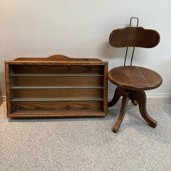 Solid Wood Display Shelf and Antique Office Chair with Steele Frame and Wooden Seat - S537