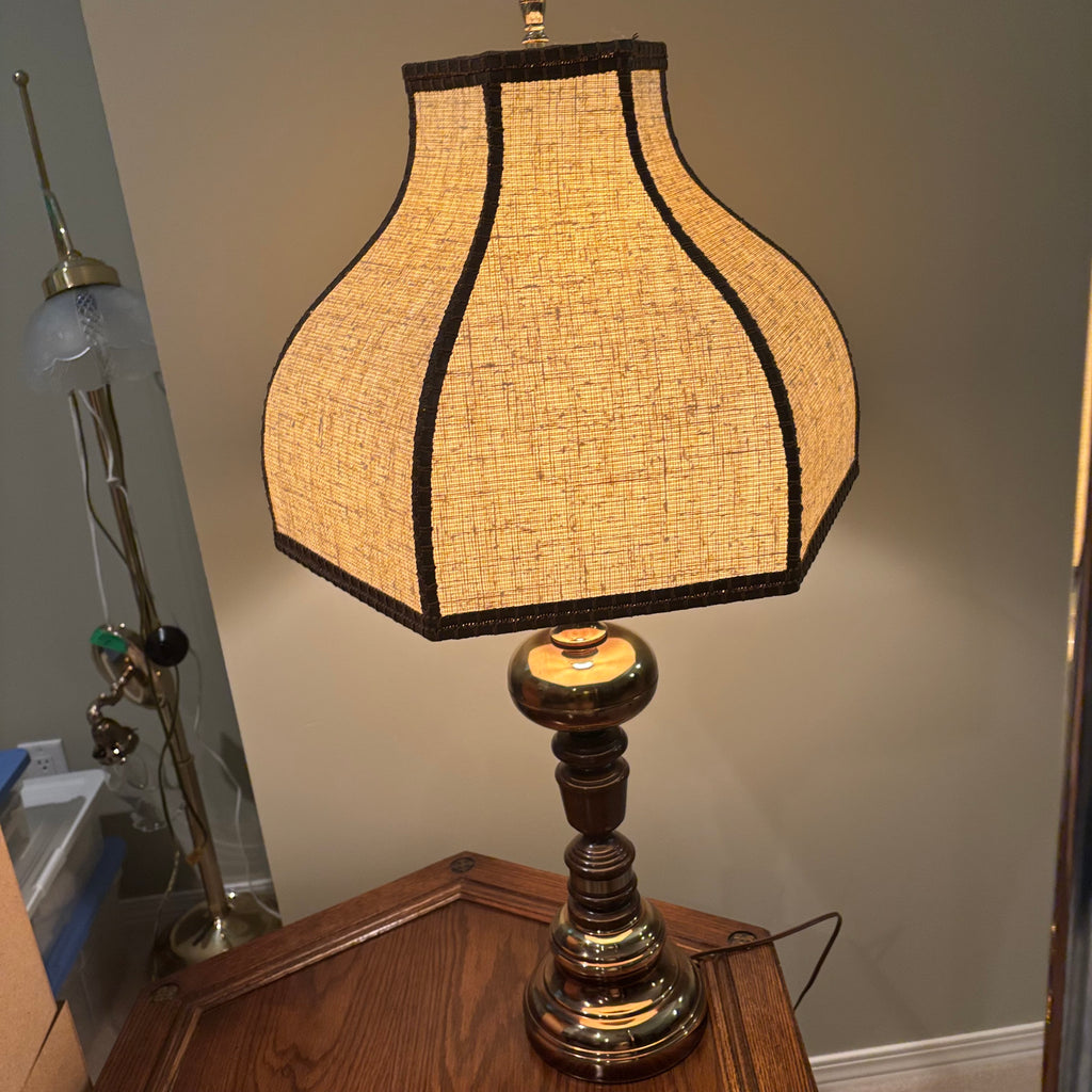 E850 33” tall vintage lamp with wood and brass base