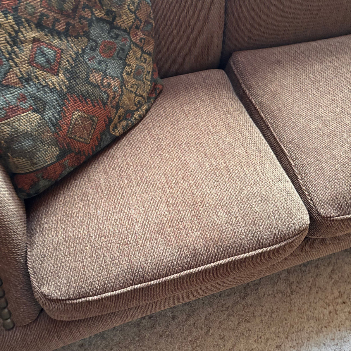 F414 Vintage Sears brown fabric sofa (87" x 38" x 36")