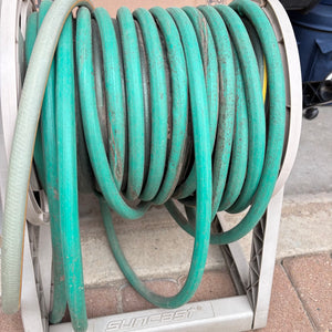 Hose Reel with Hose and White Bucket of Garden Tools - O115