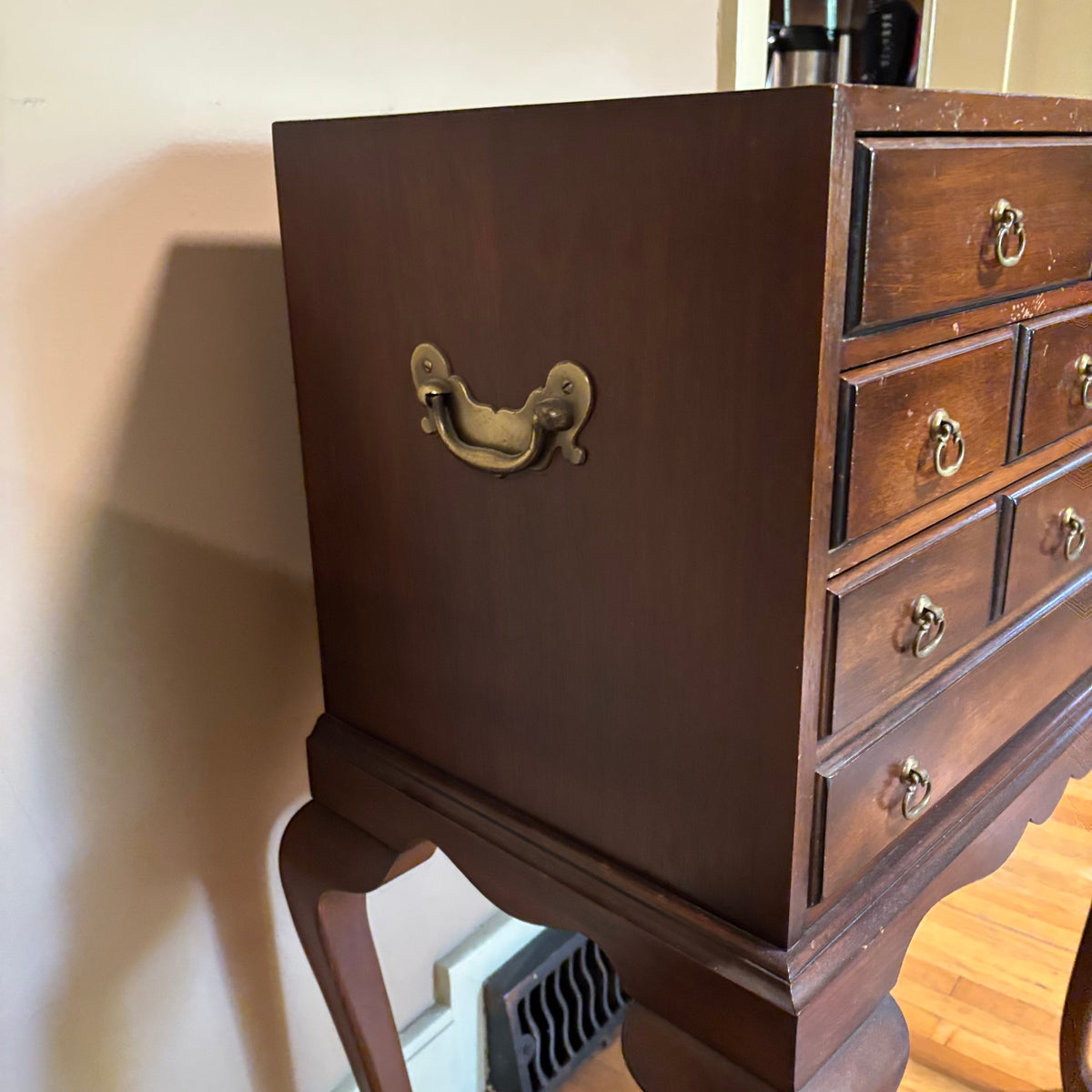 E103 Vintage Solid Wood Hickory chair company 3 drawer silverware chest (35” x 22” x 14”)