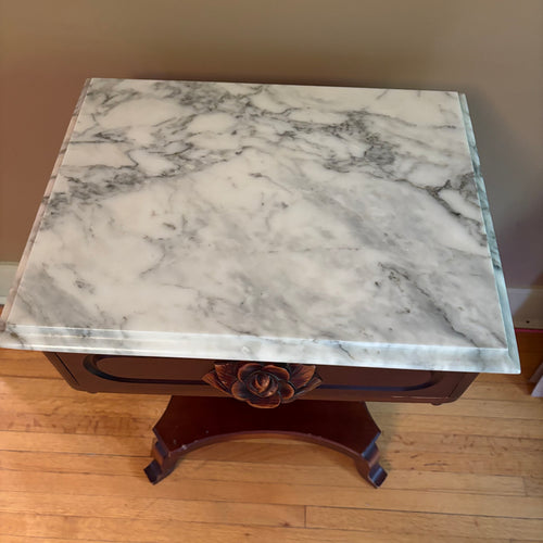 E102 Antique Solid wood accent table with marble top (28” x 17” x 14”)