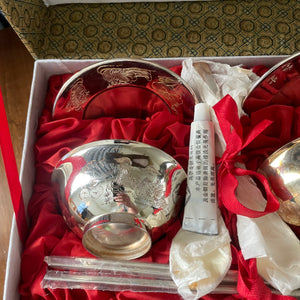 Vintage Silver Plated Chopsticks, Cups and Saucers Boxed Set - M155