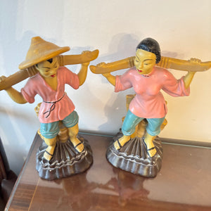 SET OF 2 12" TALL VINTAGE ASIAN CHALKWARE FIGURINES - P139