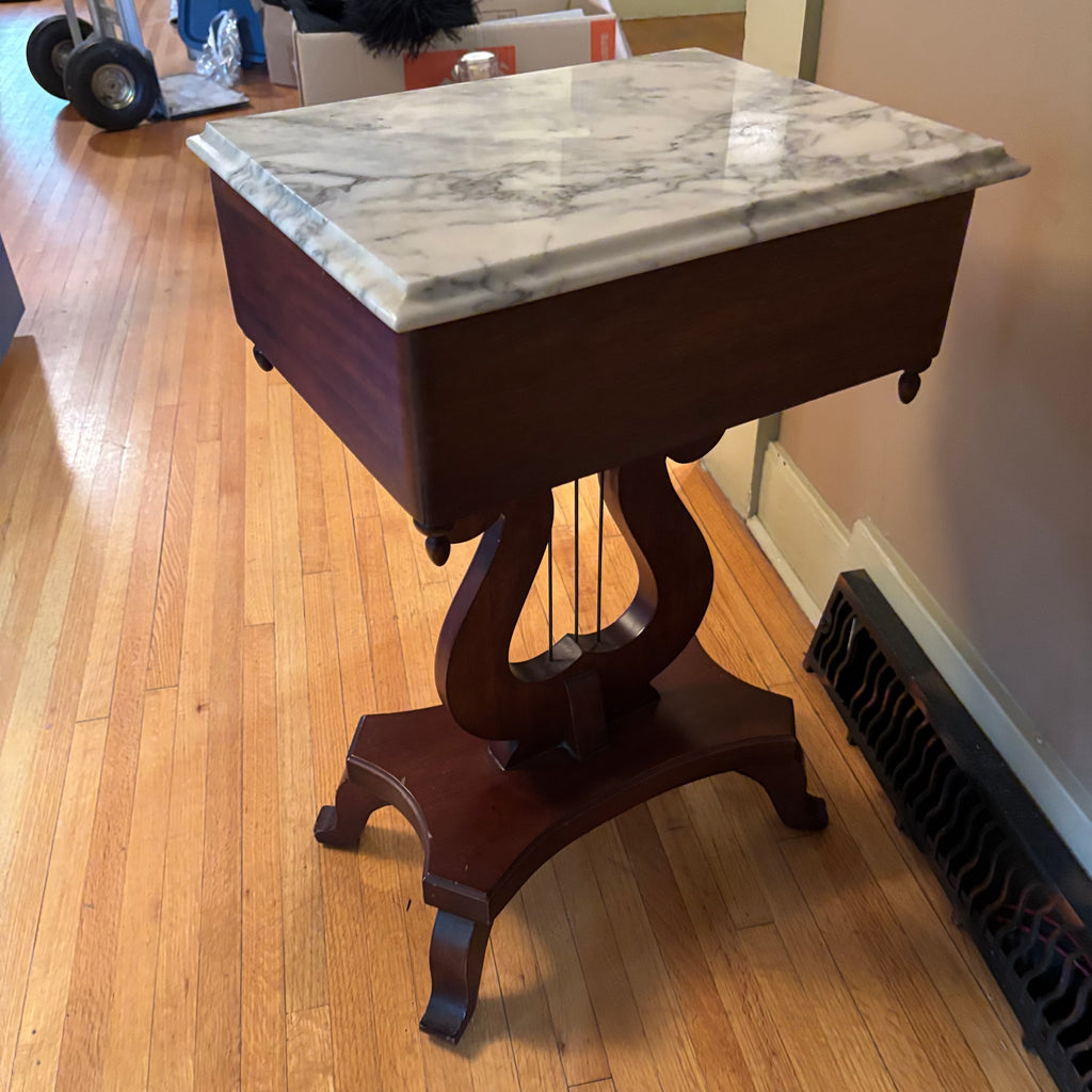 E102 Antique Solid wood accent table with marble top (28” x 17” x 14”)