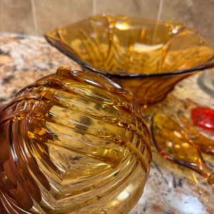 Mid Century Amber Glass Salad Set with Glass Fork&Spoon and More - M338