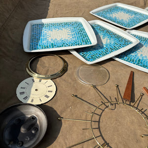 As is MCM Starburst Clock, Clock Pieces, Wooden Shelves and Metal Trays - R399